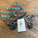 A mixed lot of 9ct gold crucifix, a Scottish stone set silver brooch, miscellaneous bead necklaces