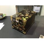 A Chinese travelling mahogany jewellery box with brass fittings, with floral painted decoration, the