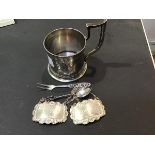 A pair of hallmarked silver Port and Sherry decanter labels together with a decorative coffee spoon,