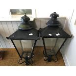 Two Edinburgh glazed copper street lanterns on four armed mounting brackets, glass replaced by