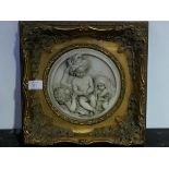 A 19thc style marble circular composition panel, Three Infants, in moulded gilt frame (excl.