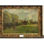 20thc School, Village Outskirts, oil on canvas, indistinctly signed lower right, in moulded gilt