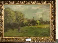 20thc School, Village Outskirts, oil on canvas, indistinctly signed lower right, in moulded gilt