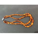 A double strand of amber coloured graduated beads with metal clasp (52g)