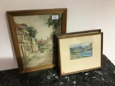 M.D. Morris, Continental Village Scene, signed and dated 1914, together with two watercolours from