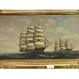 19thc style, Two Racing Clippers, oil on canvas, in moulded gilt frame (excl. frame:24c mx 44cm)