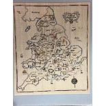 A hand embroidered panel, Map of England and Wales (excl. frame: 50cm x 42cm)