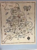 A hand embroidered panel, Map of England and Wales (excl. frame: 50cm x 42cm)