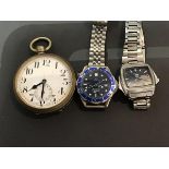 A mixed lot of watches including an oversized pocket watch, a Seiko stainless steel vintage