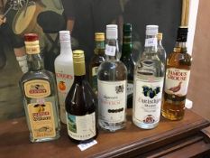 A mixed lot of spirits and liqueurs including Famous Grouse, white rum, Schnapps etc.