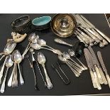 A mixed lot of hallmarked silver and Sheffield plate including silver sugar nips, hallmarked