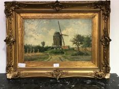 20thc School, Windmill at Harvest, oil on canvas, indistinctly signed lower right, in moulded gilded