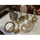 A mixed lot of copper and glassware including jugs, candlesticks, mirror, letter rack etc. (a lot)