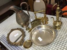 A mixed lot of copper and glassware including jugs, candlesticks, mirror, letter rack etc. (a lot)