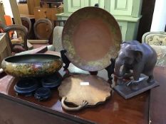 A mixed lot including a floral decorated Kashmiri circular bowl, a gilt decorated treen plate