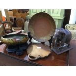 A mixed lot including a floral decorated Kashmiri circular bowl, a gilt decorated treen plate