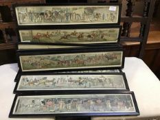 A set of hunting and coaching coloured engravings, illustrations 1-14 in twelve ebonised rectangular