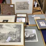 A mixed lot of framed pencil drawings, engravings, watercolours etc., and a small 19thc. sampler (