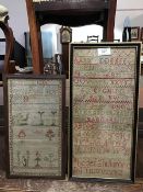 Two 19thc. framed samplers, one decorated with trees and birds (unfinished), the other with alphabet