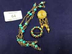 A 19thc yellow metal earring pendant conversion, set five drops on chains (drop:5cm), together