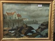 19thc./20thc. Scottish School, East Coast Harbour scene, oil on board, framed (33cm x 44cm)