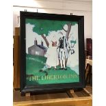 The Liberton Inn, Edinburgh, a double sided hanging pub sign, the printed metal centre featuring two