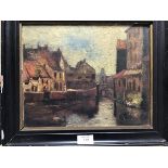20thc Continental School, Bruges Canal Scene, oil on board, in ebonised frame (distressed) (24cm x