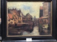 20thc Continental School, Bruges Canal Scene, oil on board, in ebonised frame (distressed) (24cm x