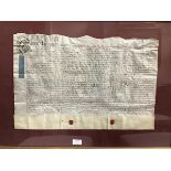 Two framed lease agreements, one dated 1726, the other 1889 (59cm x 75cm and 57cm x 78cm)