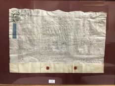 Two framed lease agreements, one dated 1726, the other 1889 (59cm x 75cm and 57cm x 78cm)