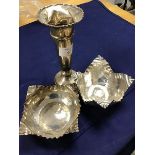 A silver spill vase (a/f) (h.15cm) (3oz) together with a silver bowl and another (unmarked) (3.