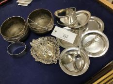 A mixed lot of silver, white metal and silver plate including a small heart shaped pierced bonbon