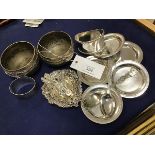 A mixed lot of silver, white metal and silver plate including a small heart shaped pierced bonbon