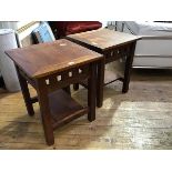 A pair of hardwood lamp tables, the plain square tops with plain frieze, undertier to base, on