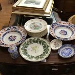A mixed lot of china plates including a Victorian Christmas plate decorated with holly leaf and