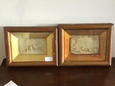 A pair of 19thc moulded relief panels, one depicting Boar Hunting and the other, a Cavalier's