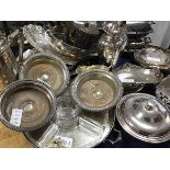 A mixed lot of Sheffield plate including hot water jugs (tallest: 24cm), wine slides, entree dishes,