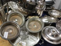 A mixed lot of Sheffield plate including hot water jugs (tallest: 24cm), wine slides, entree dishes,