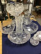 A mixed group of crystal and cut crystal including a two part bowl on stand (h.31cm), together
