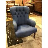 A Derwent Victorian style upholstered button back armchair in speckle blue upholstery, on turned