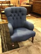 A Derwent Victorian style upholstered button back armchair in speckle blue upholstery, on turned