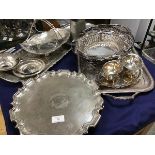 A mixed lot of silver plate including a scalloped edge tray on cast feet, inscribed Surg. Llt. Keith