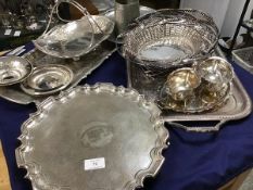 A mixed lot of silver plate including a scalloped edge tray on cast feet, inscribed Surg. Llt. Keith