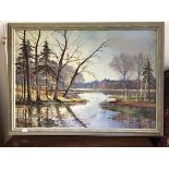 20thc Continental School, Wooded Lake, oil on canvas, signed lower left (internal: 67cm x 97cm)
