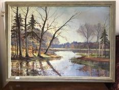 20thc Continental School, Wooded Lake, oil on canvas, signed lower left (internal: 67cm x 97cm)