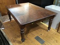 A Victorian mahogany table, the rectangular top with rounded angles, with plain apron, fitted frieze