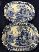 A pair of 19thc Staffordshire pearlware oval ashets with Temple pattern (27cm x 21cm)