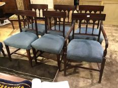 A set of six Regency mahogany dining chairs, on carved supports, the carver with carved shaped arms,