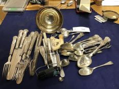 A mixed lot of silverware and plate including a silver plated two piece wine funnel with gilded