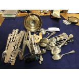 A mixed lot of silverware and plate including a silver plated two piece wine funnel with gilded